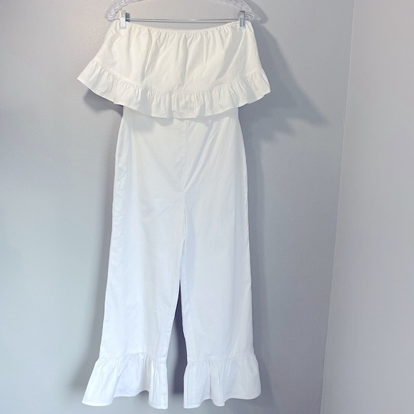 Lovers and Friends Nellie Jumpsuit white ruffle hem Small STRAPLESS CROP D121 - Picture 2 of 11